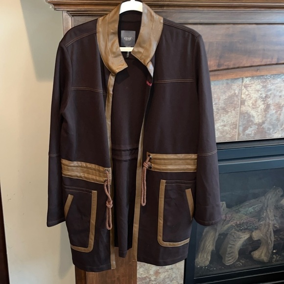 Dark brown stretchy open tan faux leather trim Lysse Margaret Parka jacket M - Picture 3 of 13